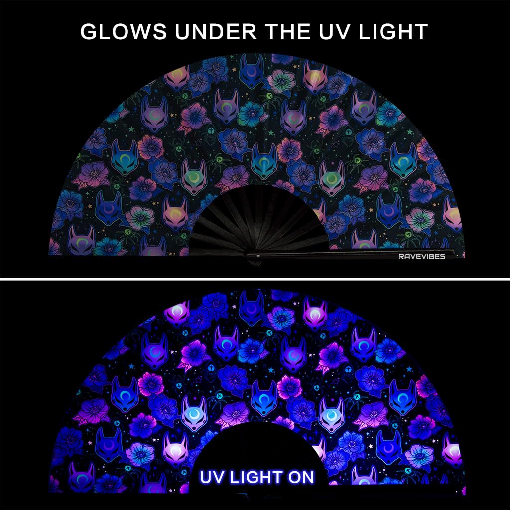 Ravevibes 13" Large Rave Fan Folding Hand Fan, Bamboo Festival Clack Fan Foldable UV Glow Edm Fans For Rave Outfits Accessories Performance Dance Party For Men Women, Alien