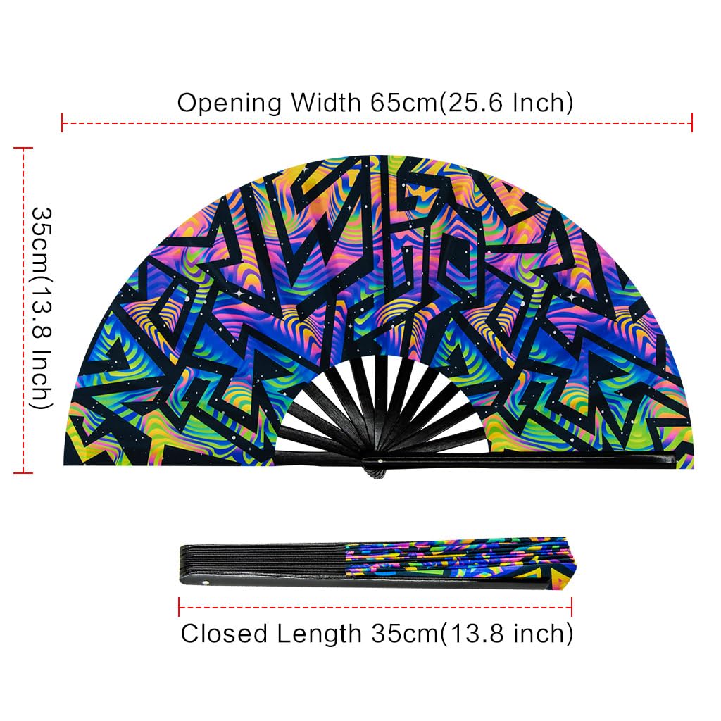 Ravevibes 13" Large Rave Fan Folding Hand Fan, Bamboo Festival Clack Fan Foldable UV Glow Edm Fans For Rave Outfits Accessories Performance Dance Party For Men Women, Alien