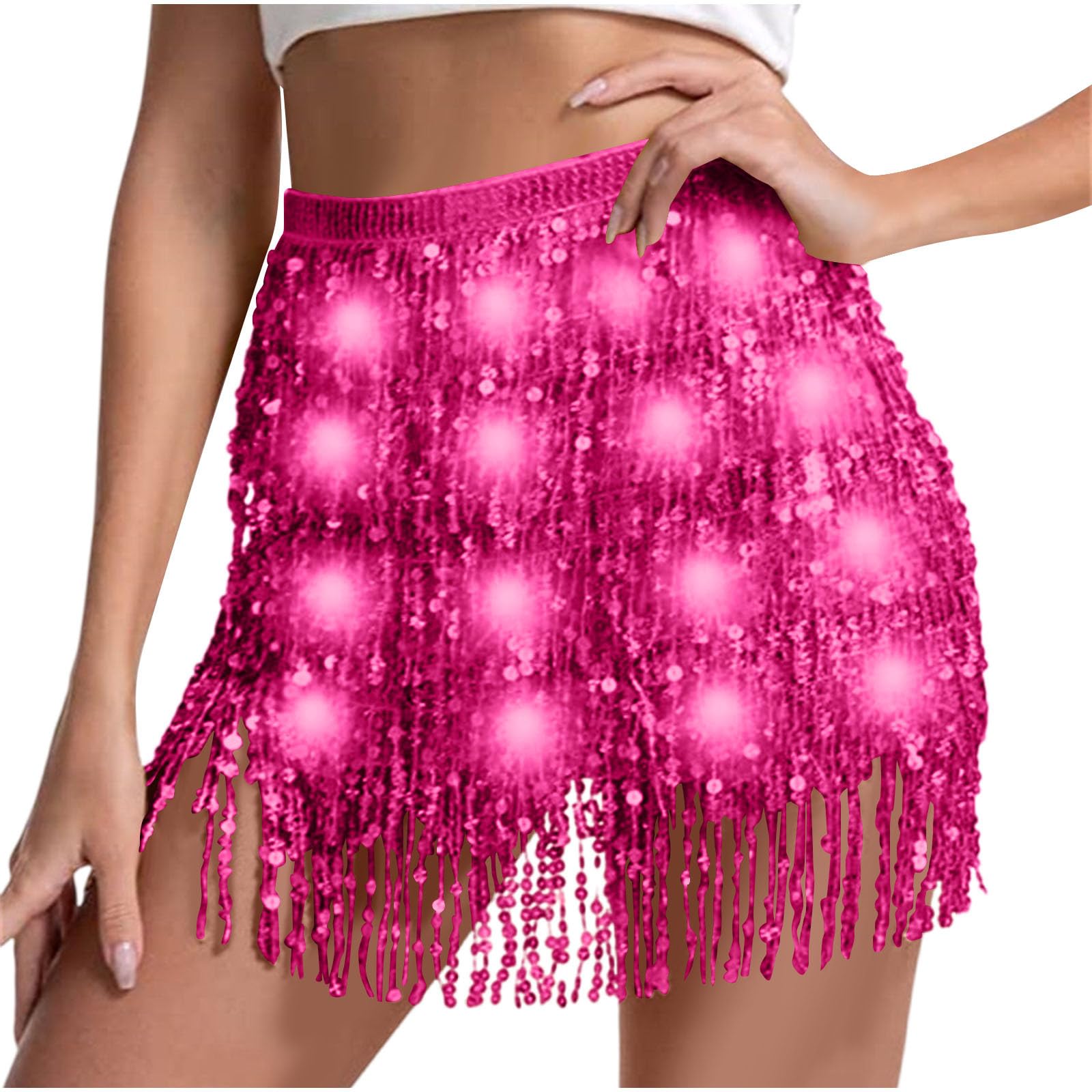 Sequin Skirt Women Led Waist Scarf Belly Dance Waist Chain Tassel Shine Sparkly Mini Skirts Rave Party Outfit