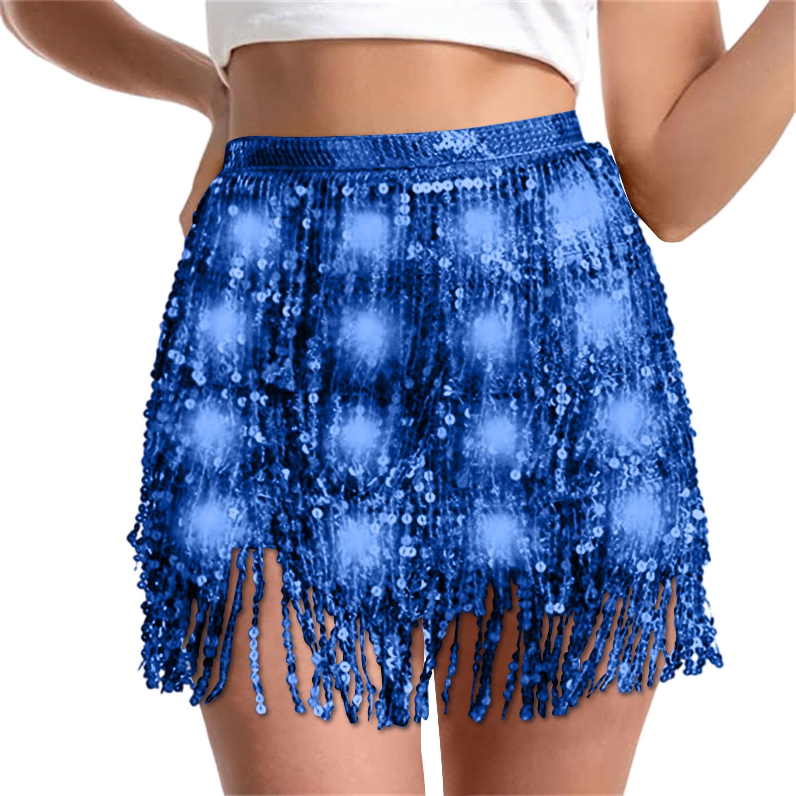 Sequin Skirt Women Led Waist Scarf Belly Dance Waist Chain Tassel Shine Sparkly Mini Skirts Rave Party Outfit