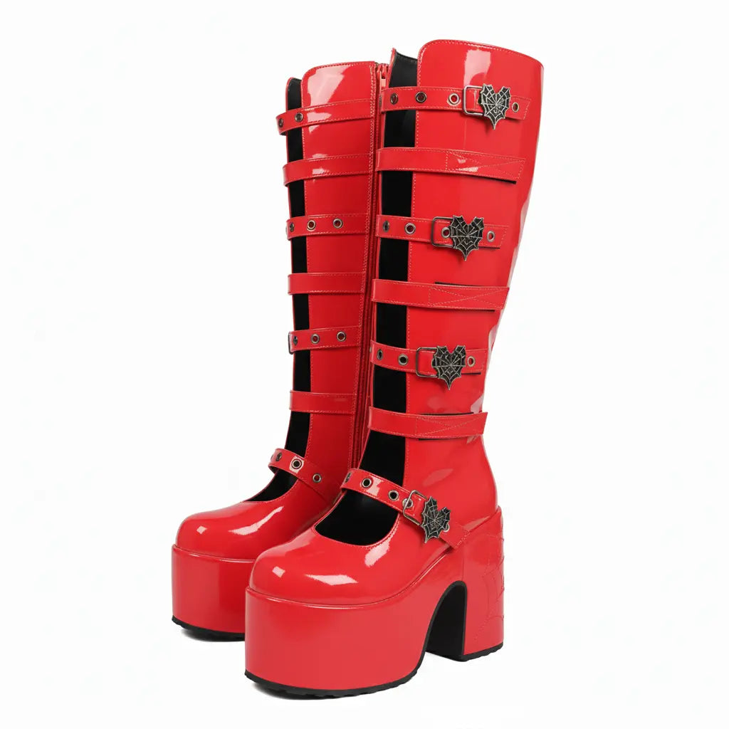 VIMISAOI Womens Platform Knee High Goth Boot round Toe Chunky Block High Heel Metal Buckles Spider Combat Motorcycle Punk Rave Party Fashion Boots