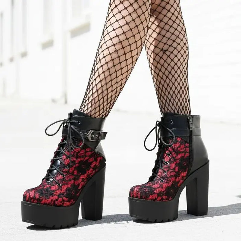 Ankle Boots for Women Platform Goth Boot round Toe Chunky Block High Heel Lace up Side Zipper Metal Buckle Victorian Lace Fashion Date Punk Rave Party Concert Combat Booties