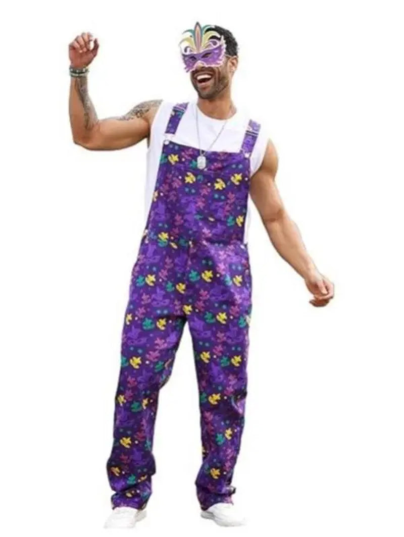 Yuanbang 2026 Spring New Style Men Mardi Gras Overalls Stretch Denim Bibs Work Coveralls Printed Jumpsuits Purple Romper Y2K Festival Outfits Holiday Gifts Menswear