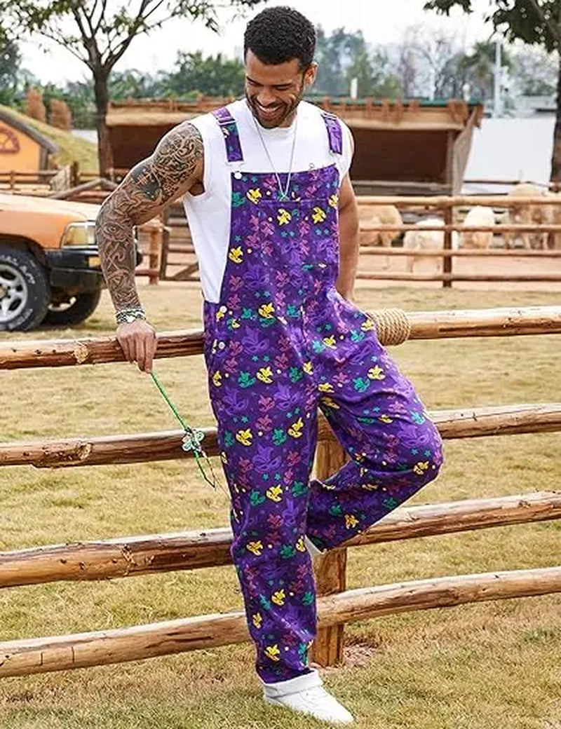 Yuanbang 2026 Spring New Style Men Mardi Gras Overalls Stretch Denim Bibs Work Coveralls Printed Jumpsuits Purple Romper Y2K Festival Outfits Holiday Gifts Menswear