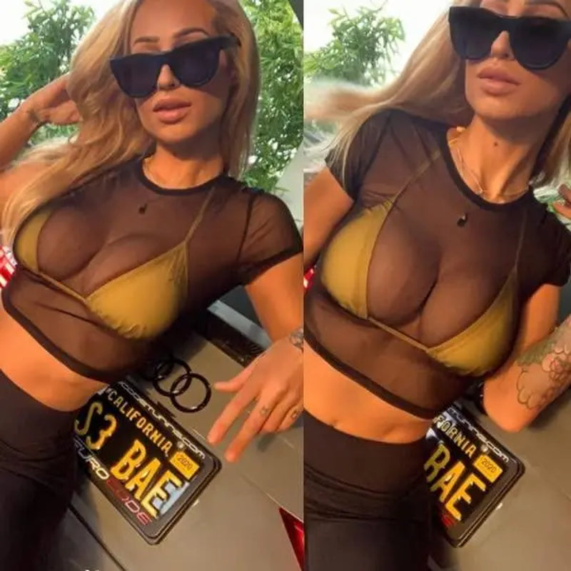 Mesh Crop Top for Women Short Sleeve Bodycon Tees Y2K See through Blouse O Neck Clubwear