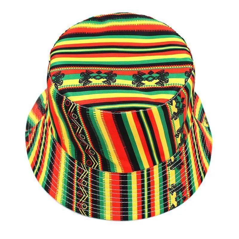 Bohemian Rasta Tribal Jamaican Reggae Hot Trendy Rastafari Reversible Bucket Hat Summer Striped Cotton Silk