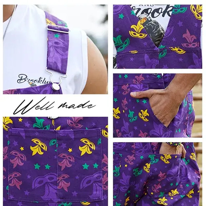 Yuanbang 2026 Spring New Style Men Mardi Gras Overalls Stretch Denim Bibs Work Coveralls Printed Jumpsuits Purple Romper Y2K Festival Outfits Holiday Gifts Menswear
