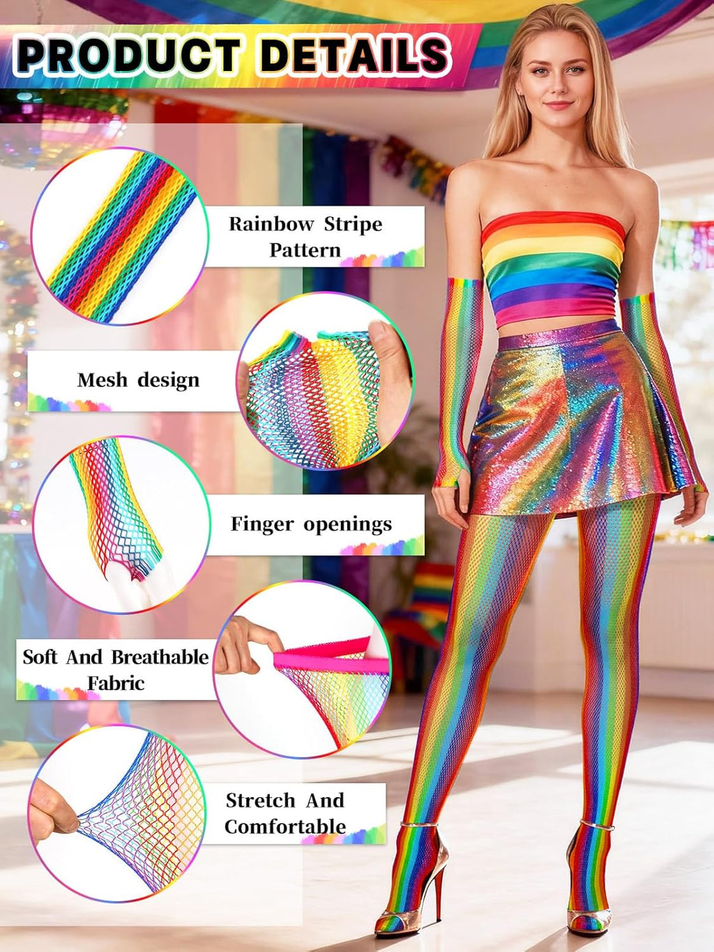 BOARDFEB2 Pieces Rainbow Outfits, Striped Fishnet Tights and Gloves Costume Accessories Set Rainbow Leggings for Carnival Wedding Pride Day Halloweeen