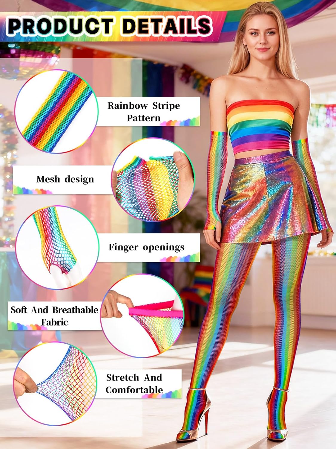 BOARDFEB2 Pieces Rainbow Outfits, Striped Fishnet Tights and Gloves Costume Accessories Set Rainbow Leggings for Carnival Wedding Pride Day Halloweeen