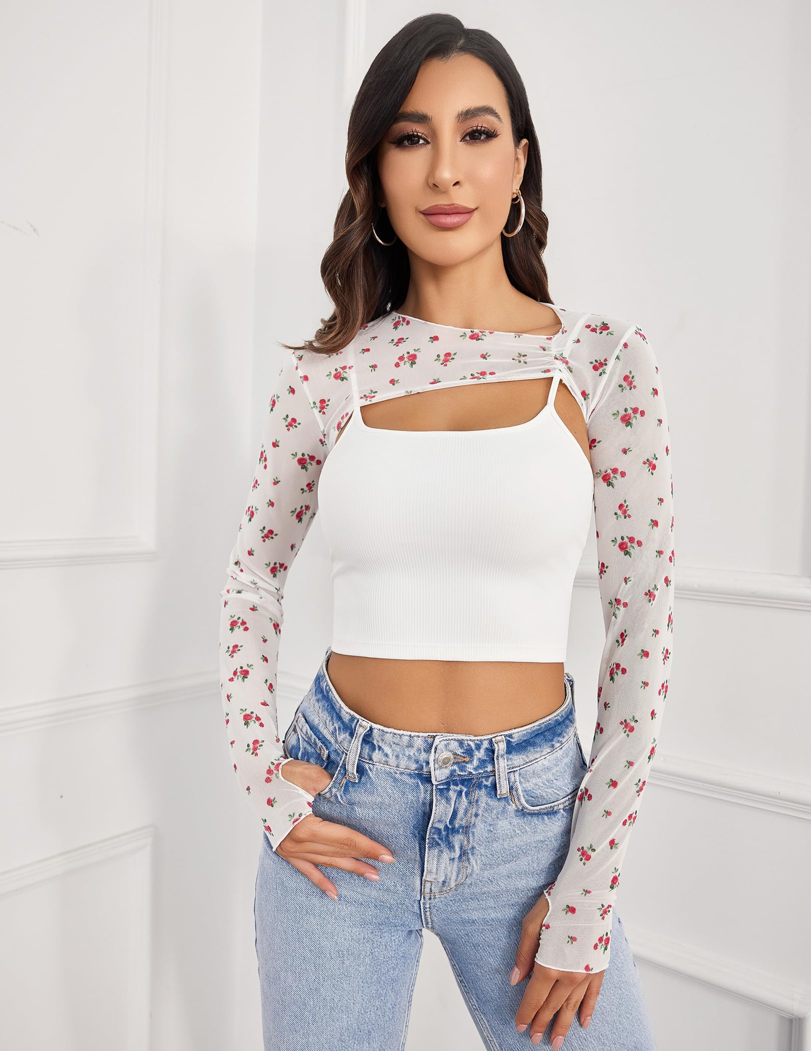 Avidlove Women Sexy Long Sleeve Mesh Crop Top Solid Cover Up with Spaghetti Strap Cami Top 2 Pieces Clubwear with Thumb Holes