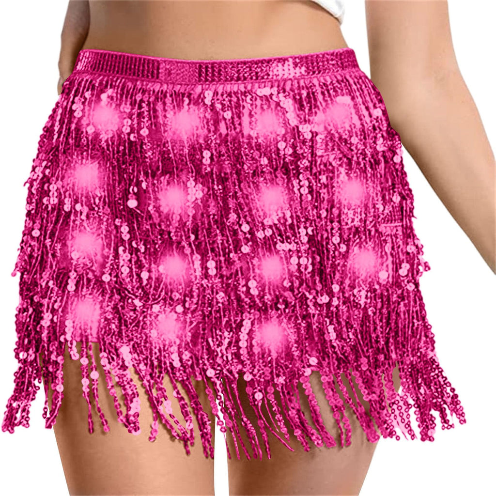 Sequin Skirt Women Led Waist Scarf Belly Dance Waist Chain Tassel Shine Sparkly Mini Skirts Rave Party Outfit