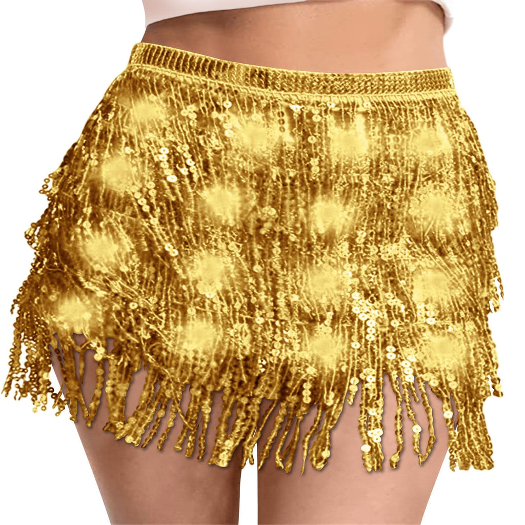 Sequin Skirt Women Led Waist Scarf Belly Dance Waist Chain Tassel Shine Sparkly Mini Skirts Rave Party Outfit