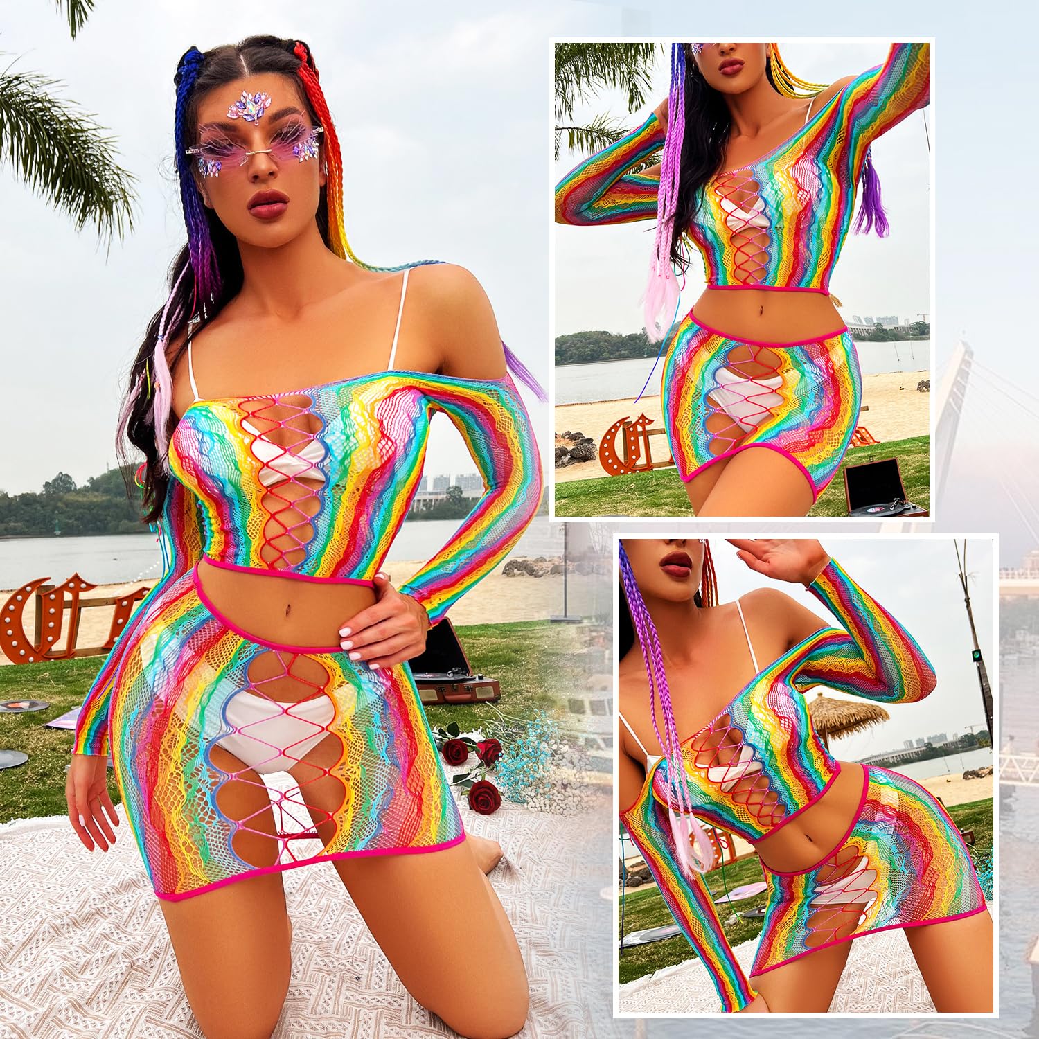 Lingerie Sets for Women Sparkly Rhinestone Sexy Fishnet Babydoll Bodysuit Mesh Chemise Nightwear