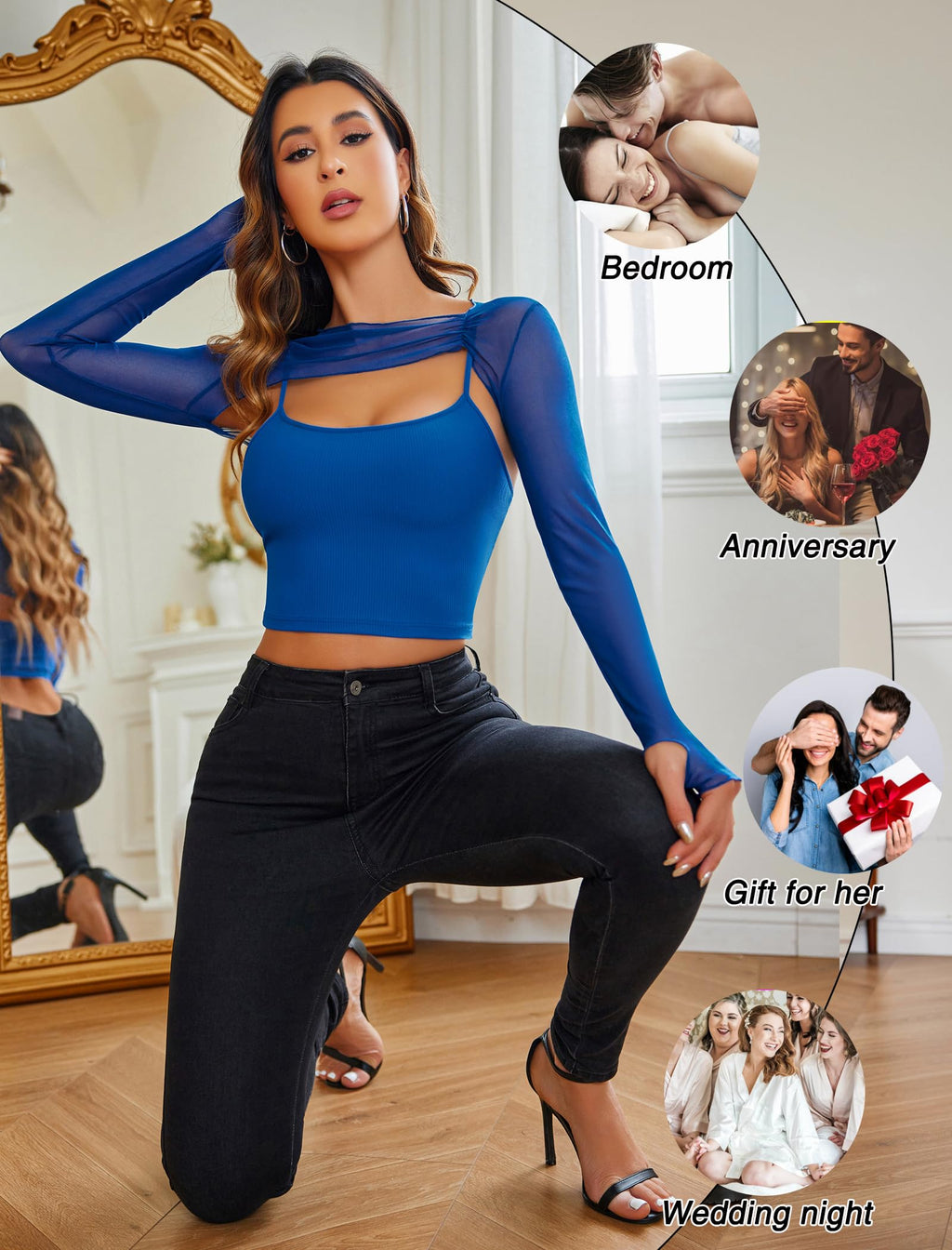 Avidlove Women Sexy Long Sleeve Mesh Crop Top Solid Cover Up with Spaghetti Strap Cami Top 2 Pieces Clubwear with Thumb Holes