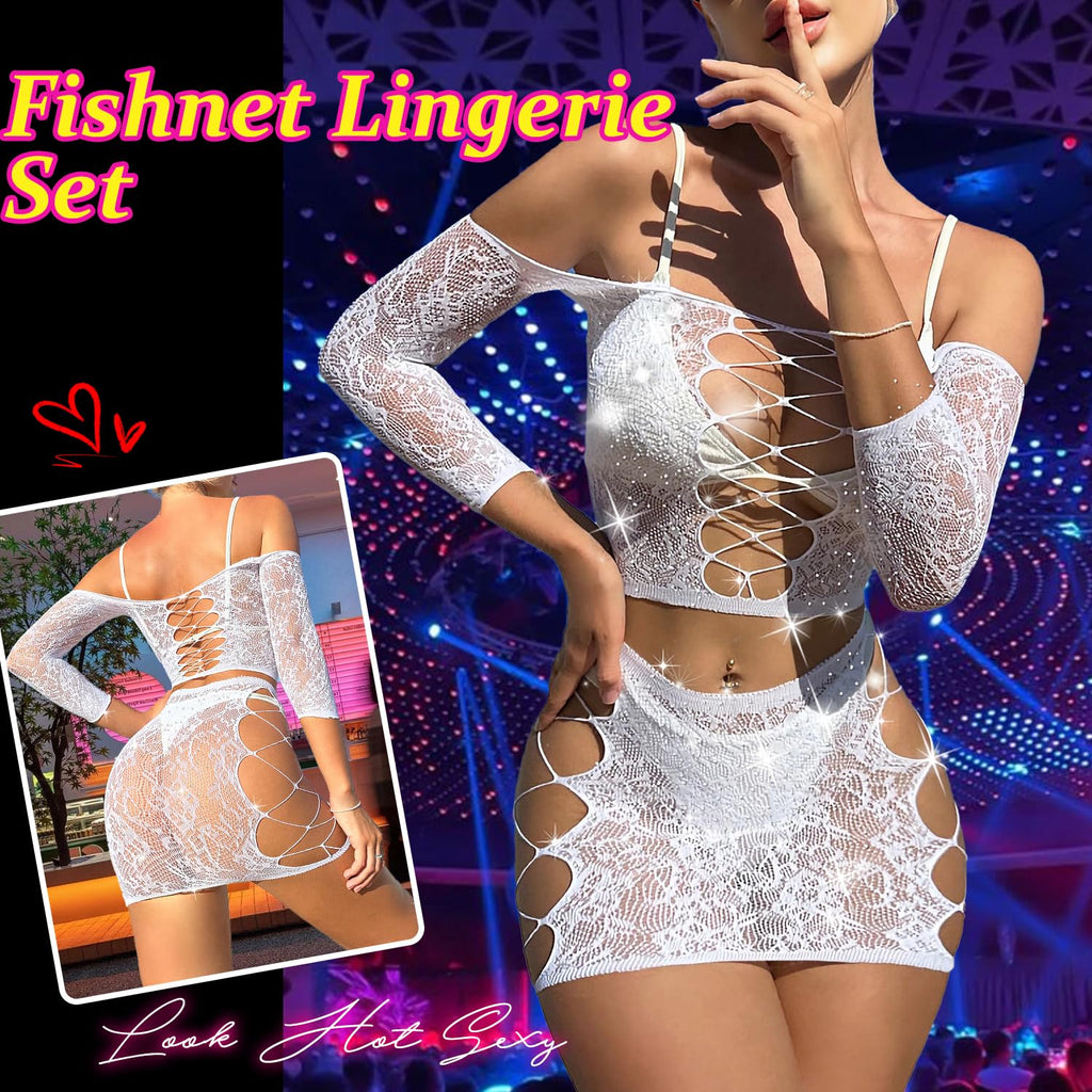 Lingerie Sets for Women Sparkly Rhinestone Sexy Fishnet Babydoll Bodysuit Mesh Chemise Nightwear