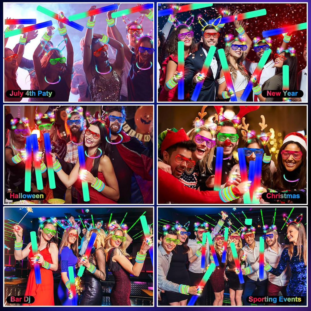 282 PCS Glow in the Dark Party Supplies, 18 Foam Sticks, 18 LED Glasses, 200 Glow Sticks, 30 Finger Lights, 8 Bunny Ear Headband and 8 LED Cat Ear Headband for Wedding,Birthday,Concert,New Year