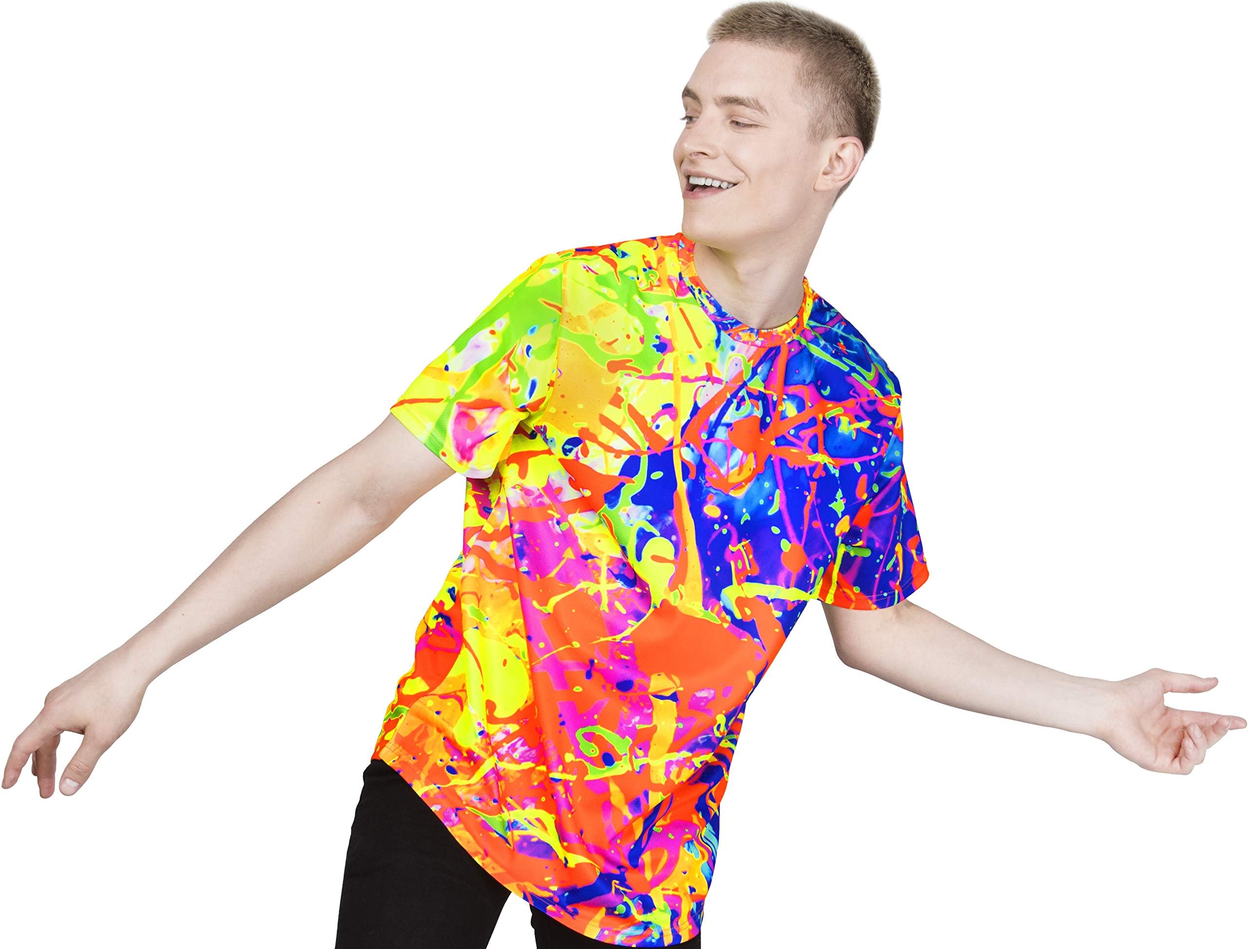 aofmoka Neon Glow Blacklight UV Reactive Party Rave Handmade Art Tee Sport Top Workout Shirt Women Unisex Men Design T-Shirt