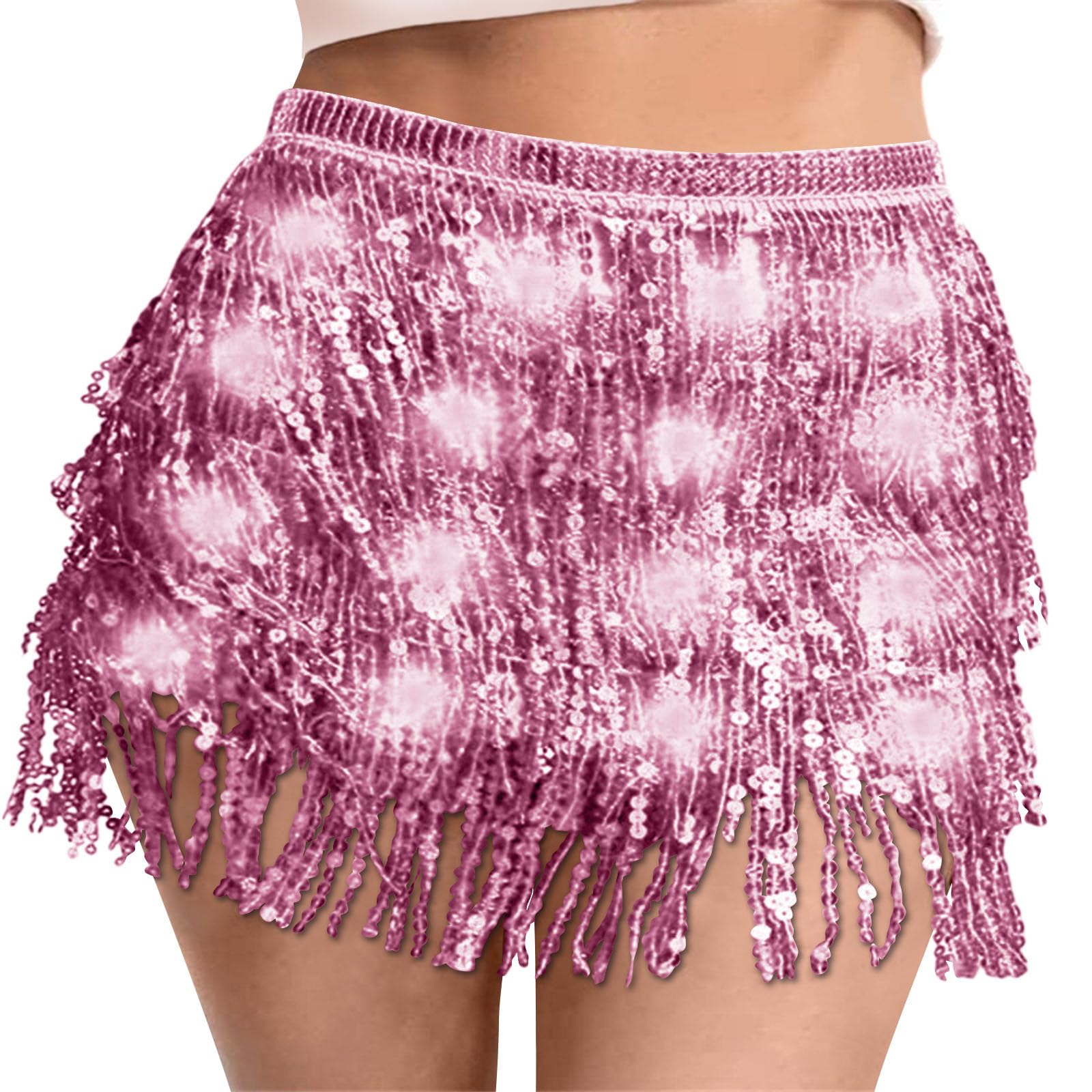 Sequin Skirt Women Led Waist Scarf Belly Dance Waist Chain Tassel Shine Sparkly Mini Skirts Rave Party Outfit