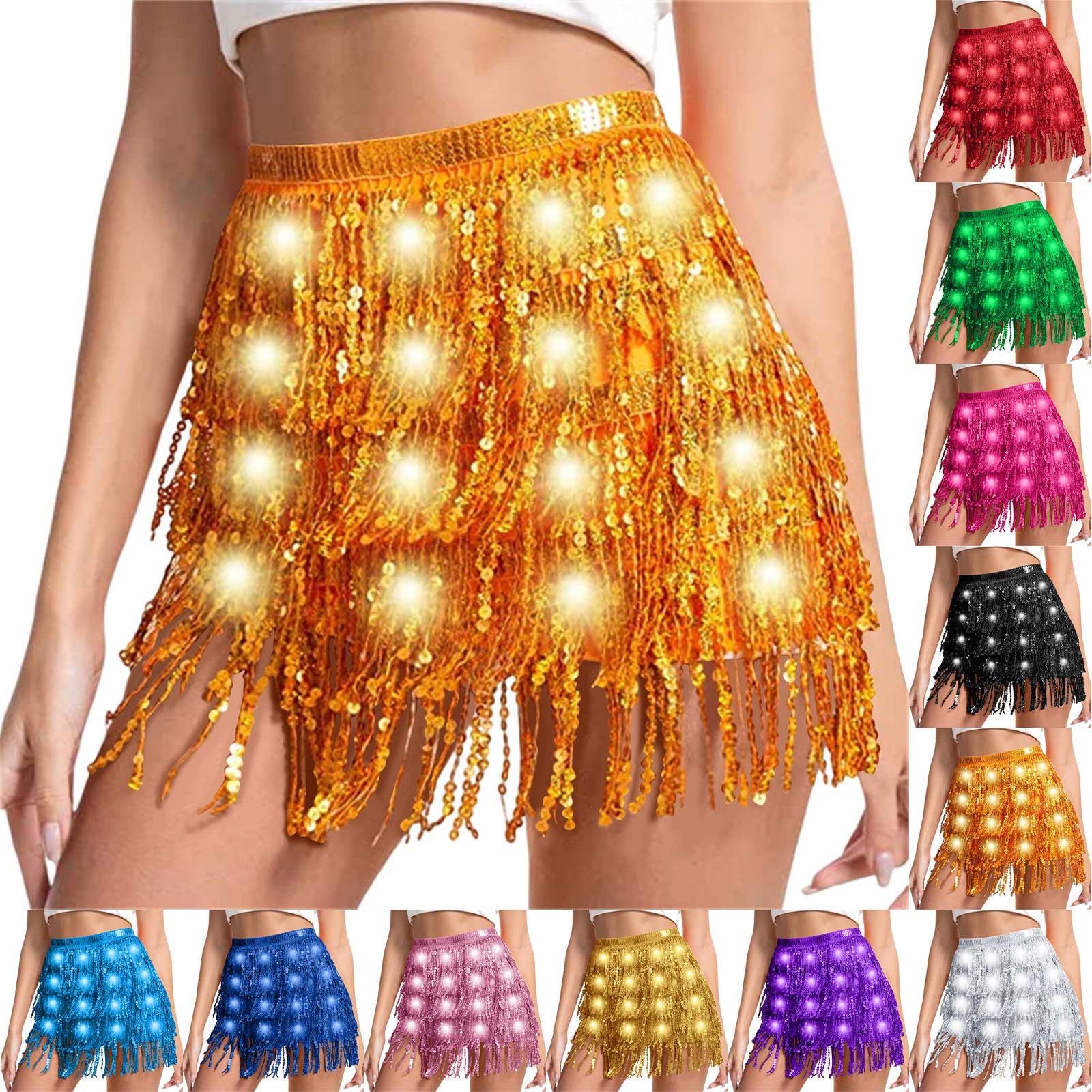 Sequin Skirt Women Led Waist Scarf Belly Dance Waist Chain Tassel Shine Sparkly Mini Skirts Rave Party Outfit
