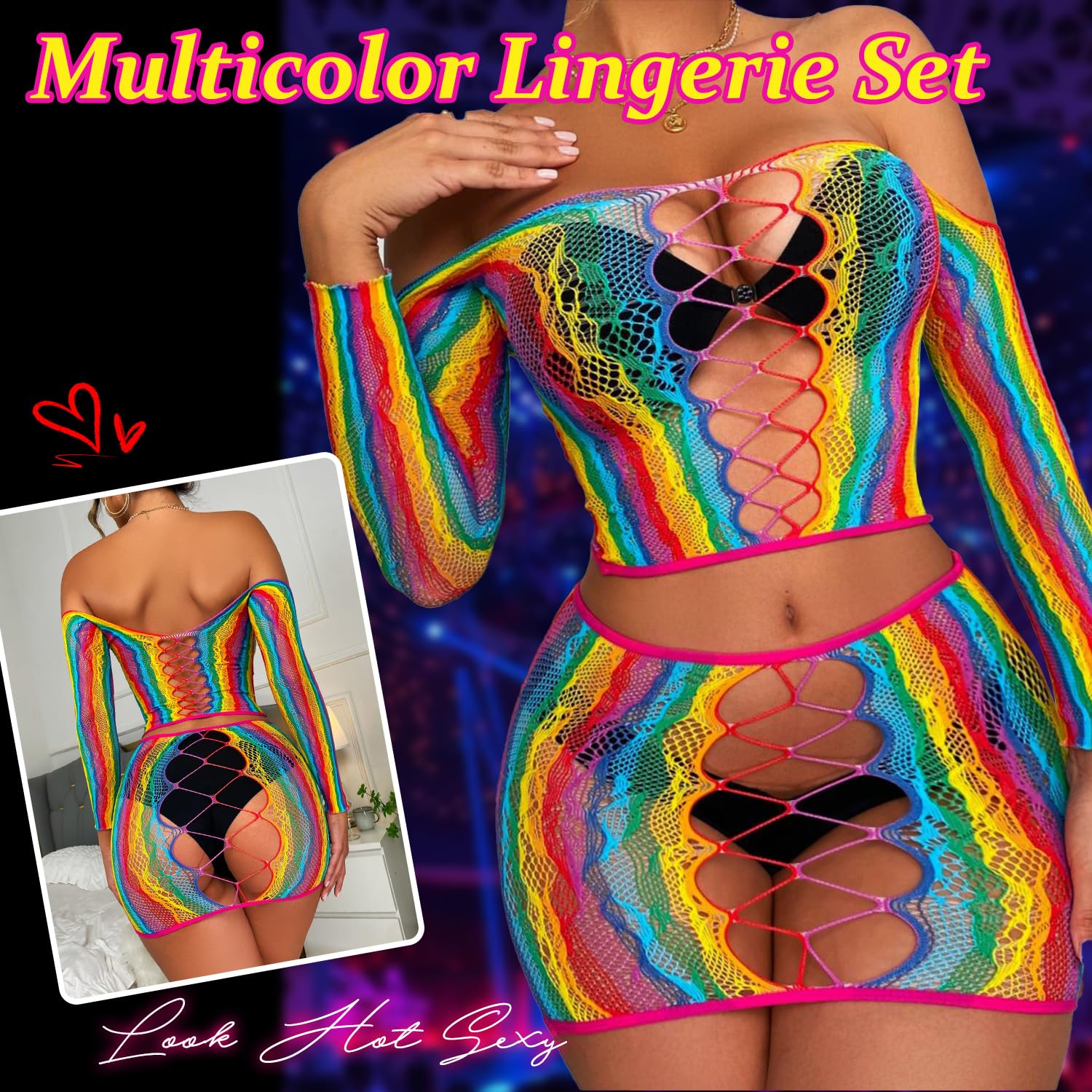 Lingerie Sets for Women Sparkly Rhinestone Sexy Fishnet Babydoll Bodysuit Mesh Chemise Nightwear