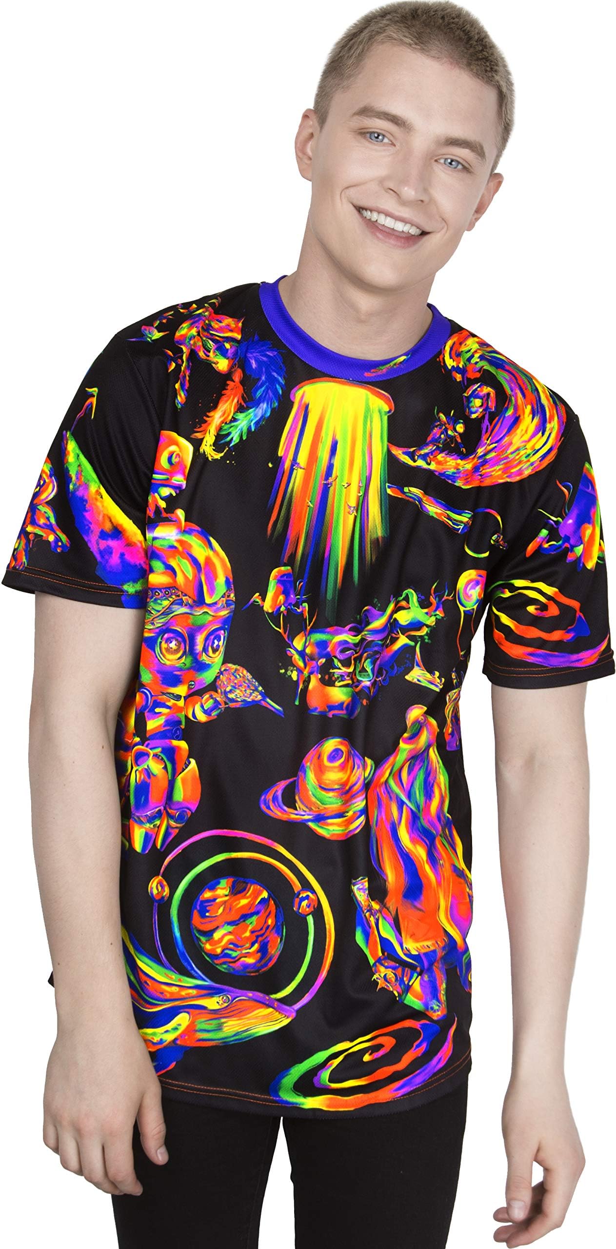 aofmoka Neon Glow Blacklight UV Reactive Party Rave Handmade Art Tee Sport Top Workout Shirt Women Unisex Men Design T-Shirt