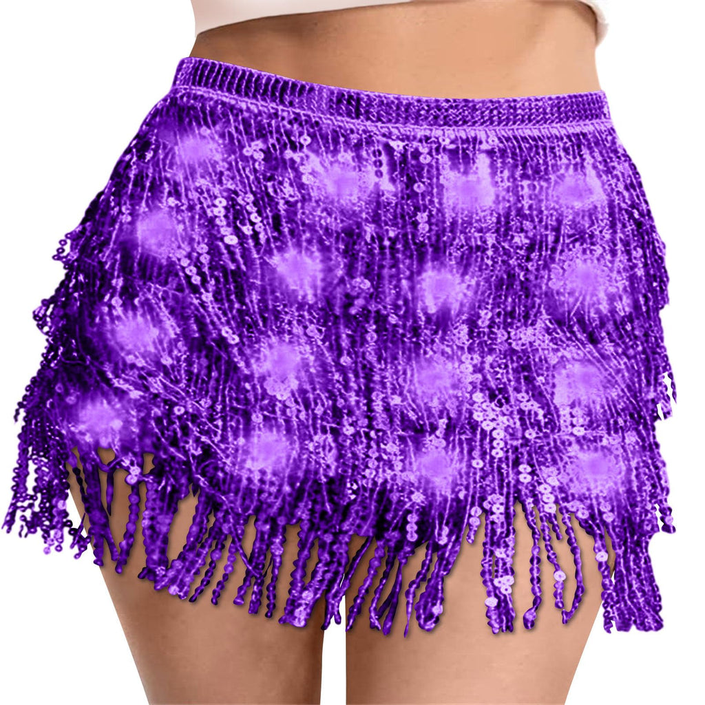 Sequin Skirt Women Led Waist Scarf Belly Dance Waist Chain Tassel Shine Sparkly Mini Skirts Rave Party Outfit