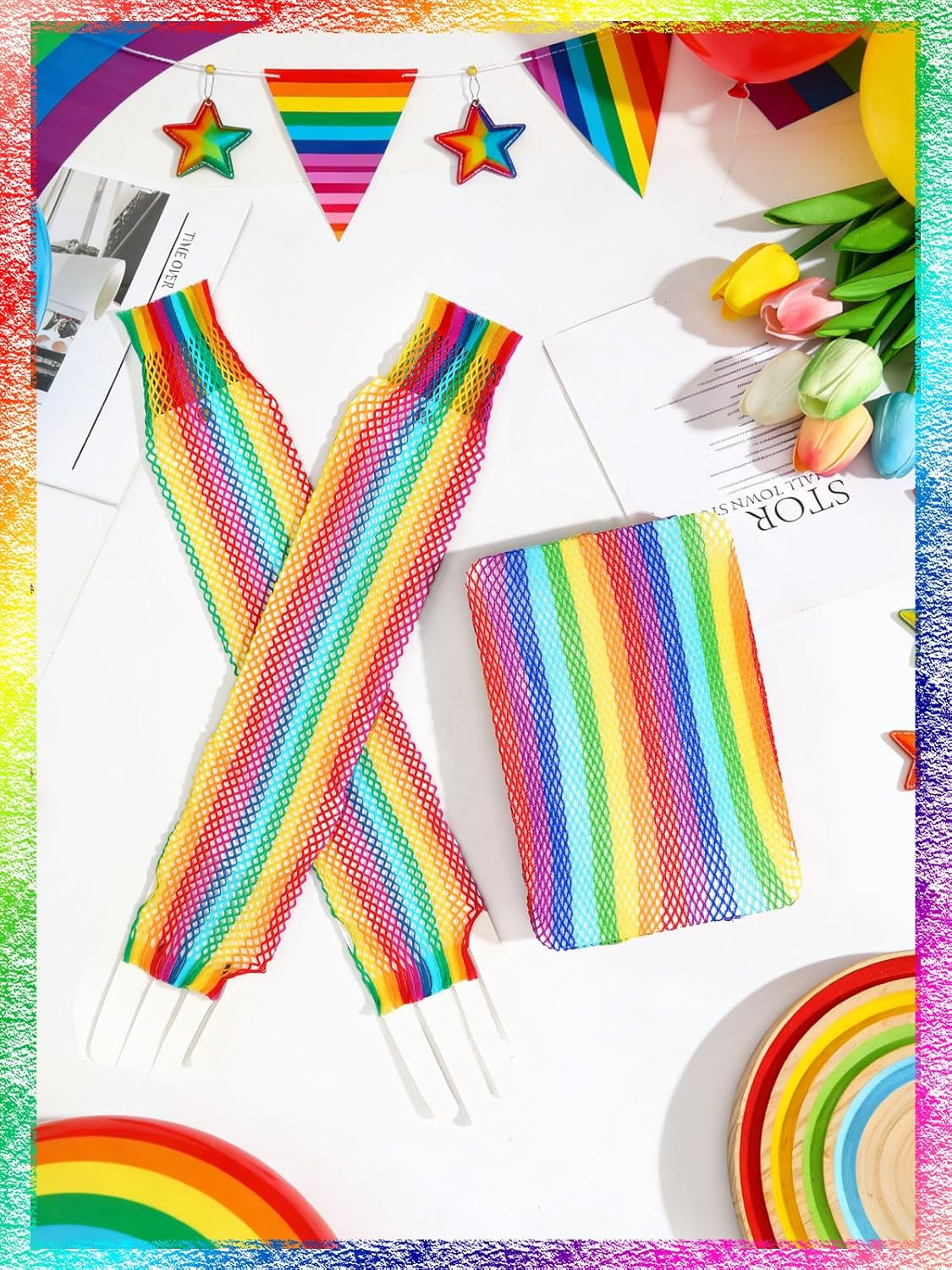 BOARDFEB2 Pieces Rainbow Outfits, Striped Fishnet Tights and Gloves Costume Accessories Set Rainbow Leggings for Carnival Wedding Pride Day Halloweeen