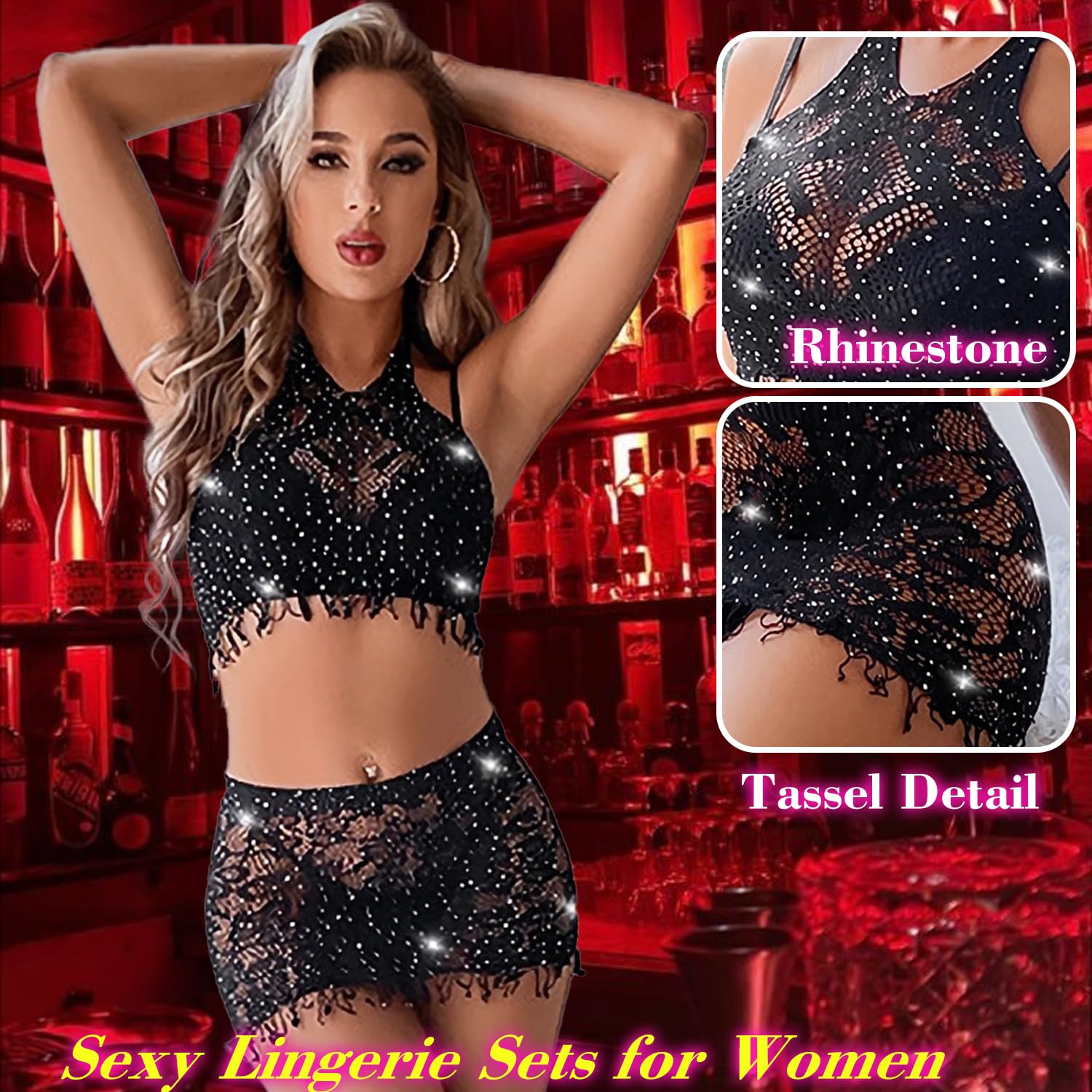 Lingerie Sets for Women Sparkly Rhinestone Sexy Fishnet Babydoll Bodysuit Mesh Chemise Nightwear