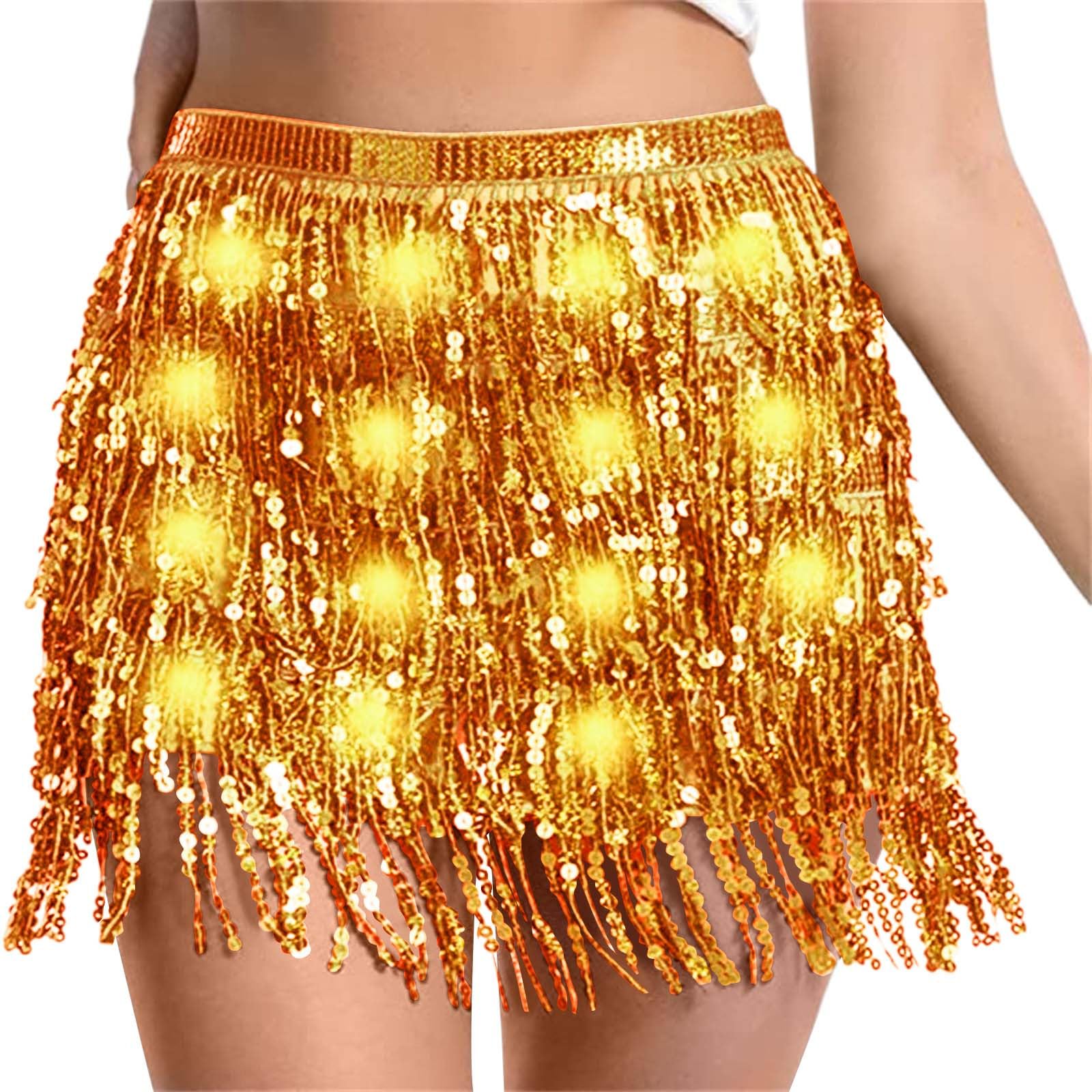 Sequin Skirt Women Led Waist Scarf Belly Dance Waist Chain Tassel Shine Sparkly Mini Skirts Rave Party Outfit