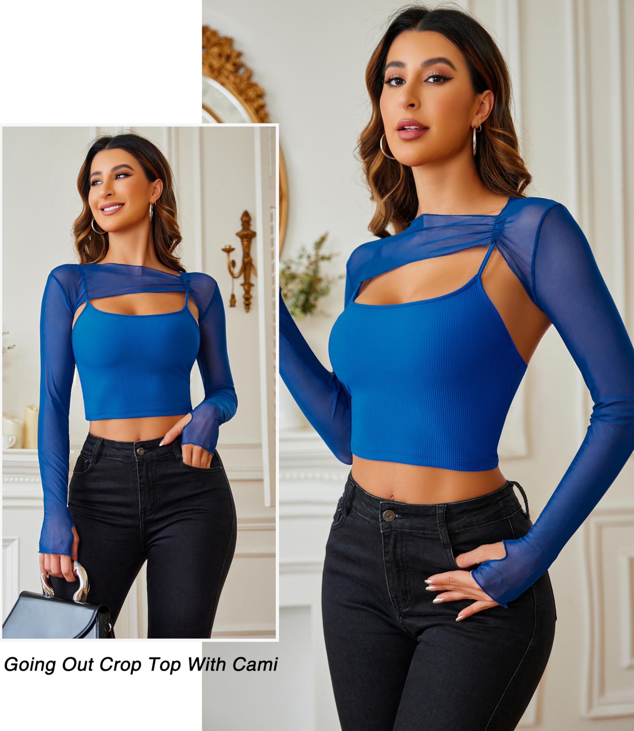 Avidlove Women Sexy Long Sleeve Mesh Crop Top Solid Cover Up with Spaghetti Strap Cami Top 2 Pieces Clubwear with Thumb Holes