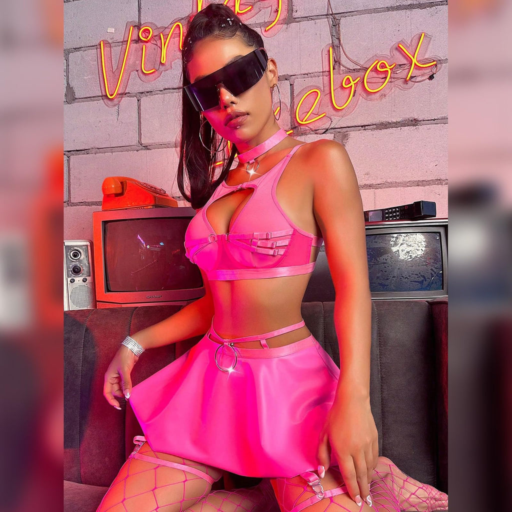 ABAFIP Women Rave Outfits Metallic Mini Skirt Cutout Crop Bra Top Choker Strappy Festival Dancewear set