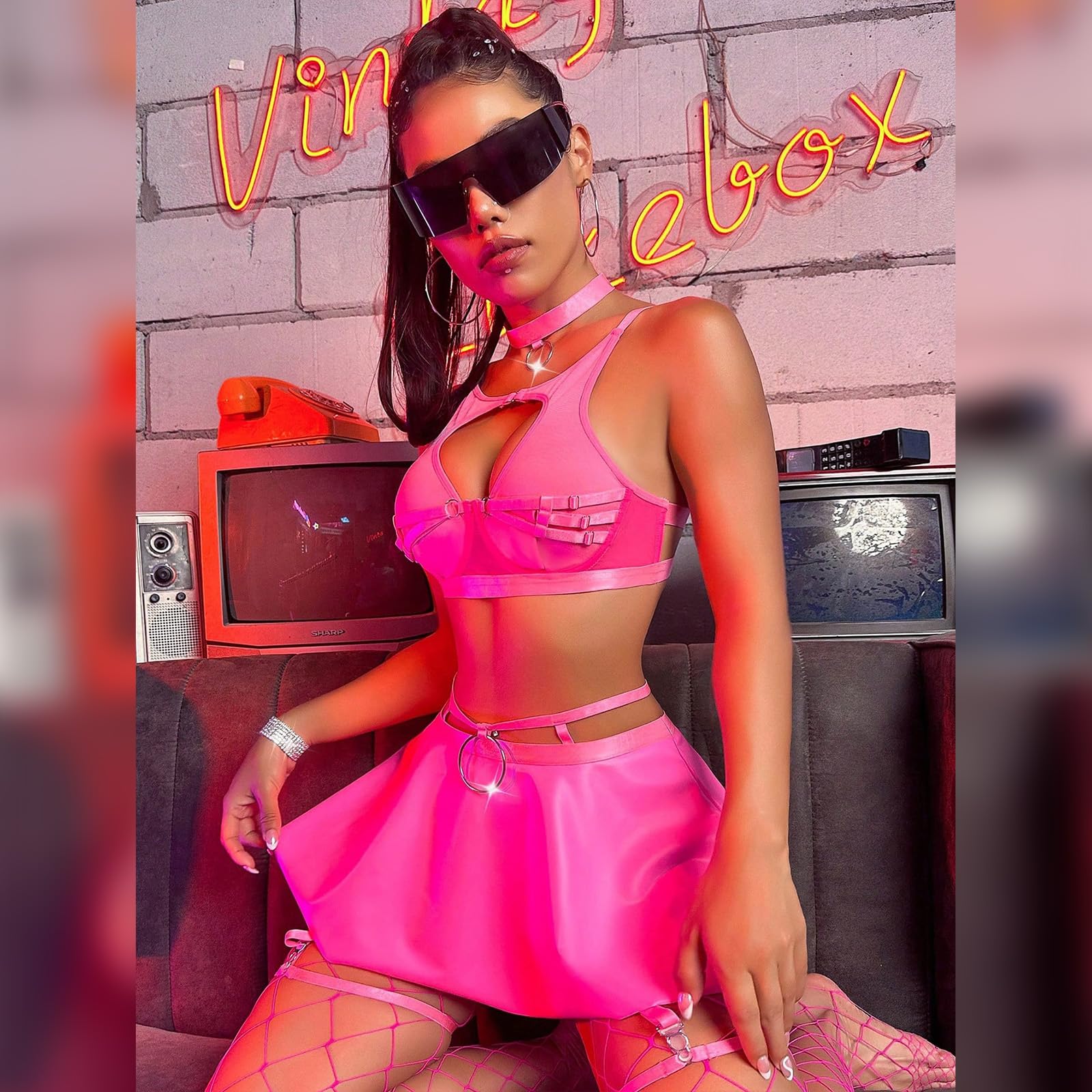 ABAFIP Women Rave Outfits Metallic Mini Skirt Cutout Crop Bra Top Choker Strappy Festival Dancewear set