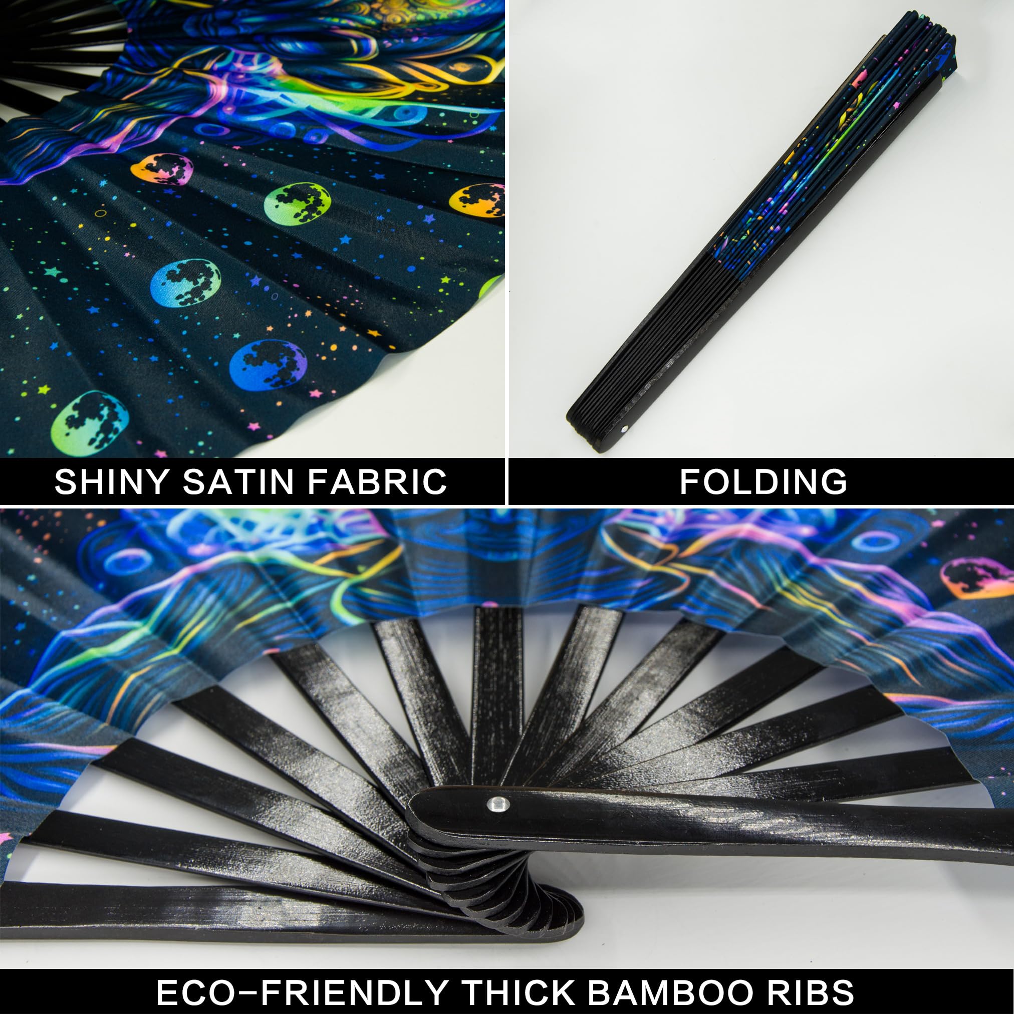 Ravevibes 13" Large Rave Fan Folding Hand Fan, Bamboo Festival Clack Fan Foldable UV Glow Edm Fans For Rave Outfits Accessories Performance Dance Party For Men Women, Alien