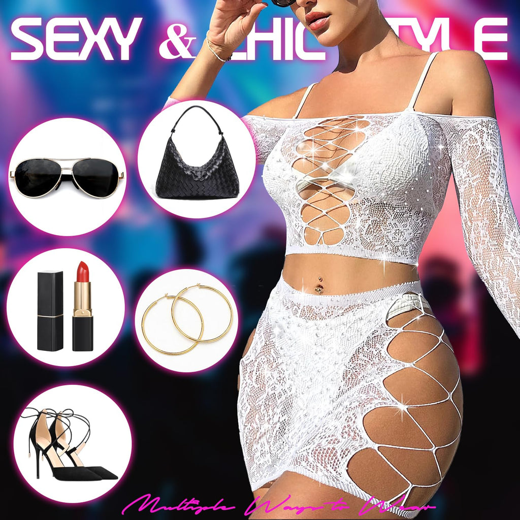 Lingerie Sets for Women Sparkly Rhinestone Sexy Fishnet Babydoll Bodysuit Mesh Chemise Nightwear