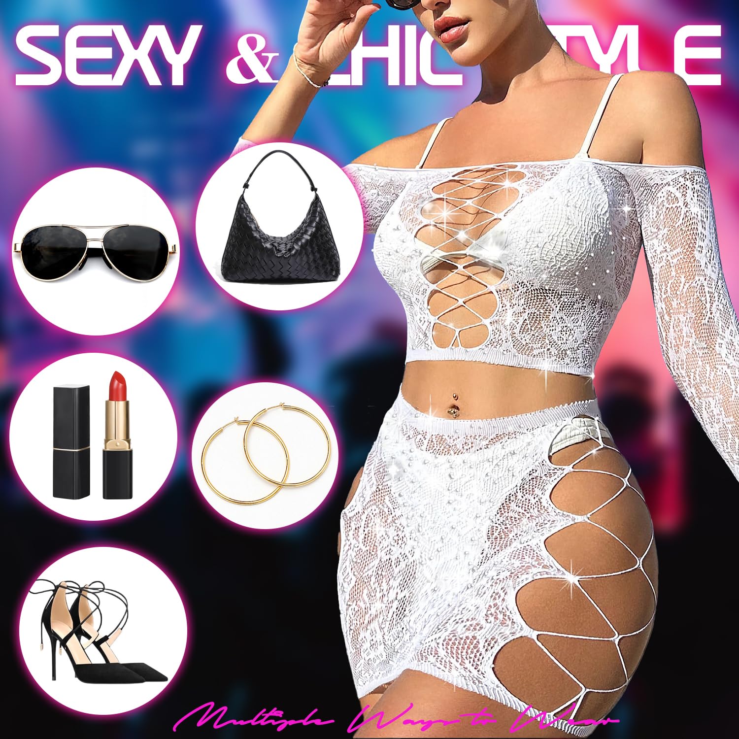 Lingerie Sets for Women Sparkly Rhinestone Sexy Fishnet Babydoll Bodysuit Mesh Chemise Nightwear