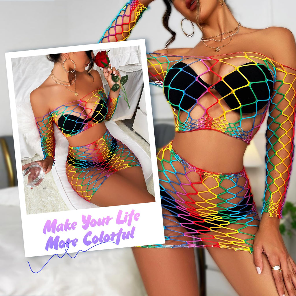 Lingerie Sets for Women Sparkly Rhinestone Sexy Fishnet Babydoll Bodysuit Mesh Chemise Nightwear