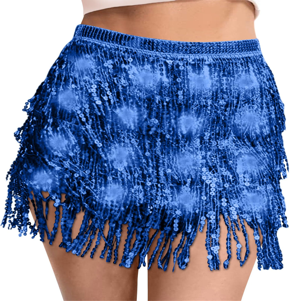 Sequin Skirt Women Led Waist Scarf Belly Dance Waist Chain Tassel Shine Sparkly Mini Skirts Rave Party Outfit
