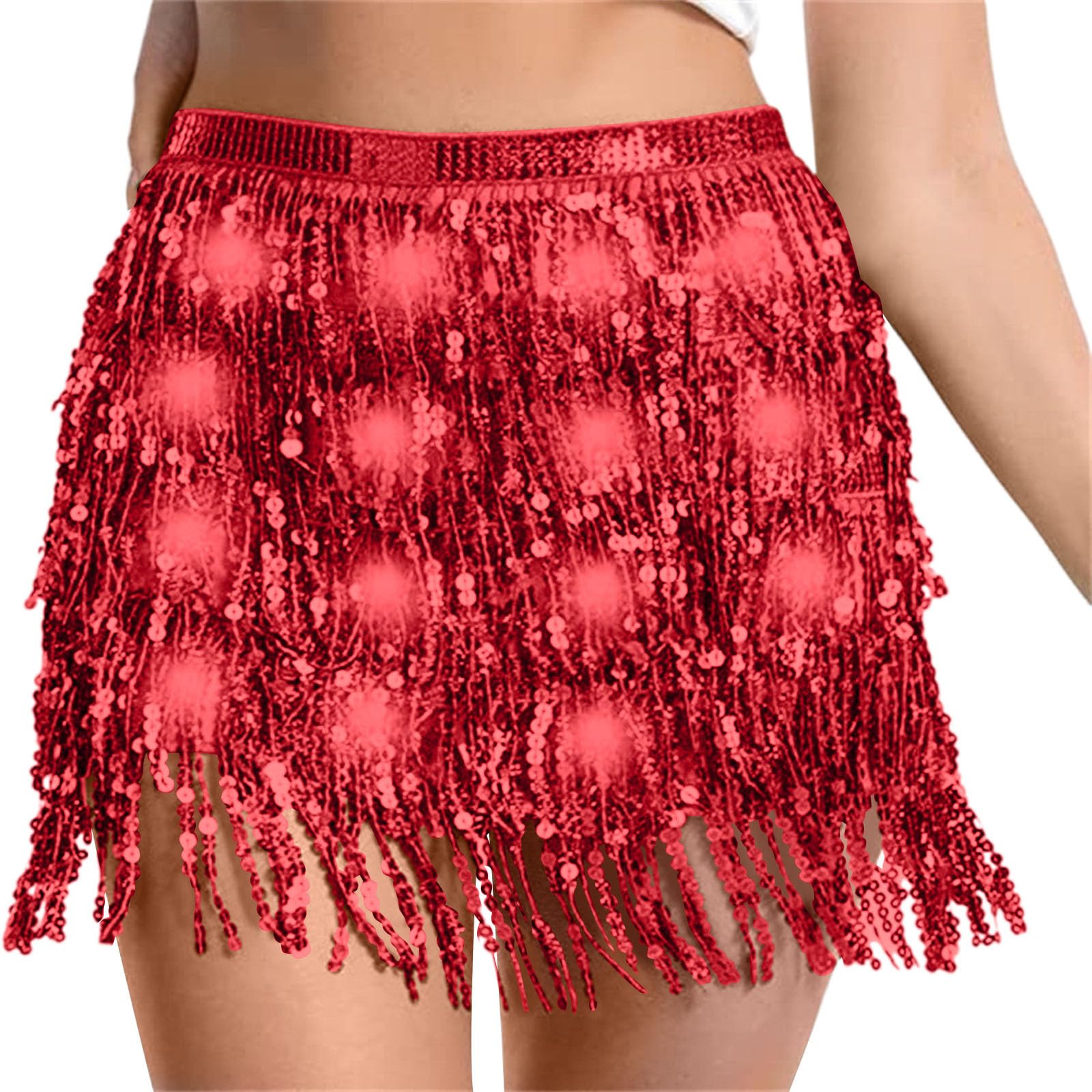 Sequin Skirt Women Led Waist Scarf Belly Dance Waist Chain Tassel Shine Sparkly Mini Skirts Rave Party Outfit