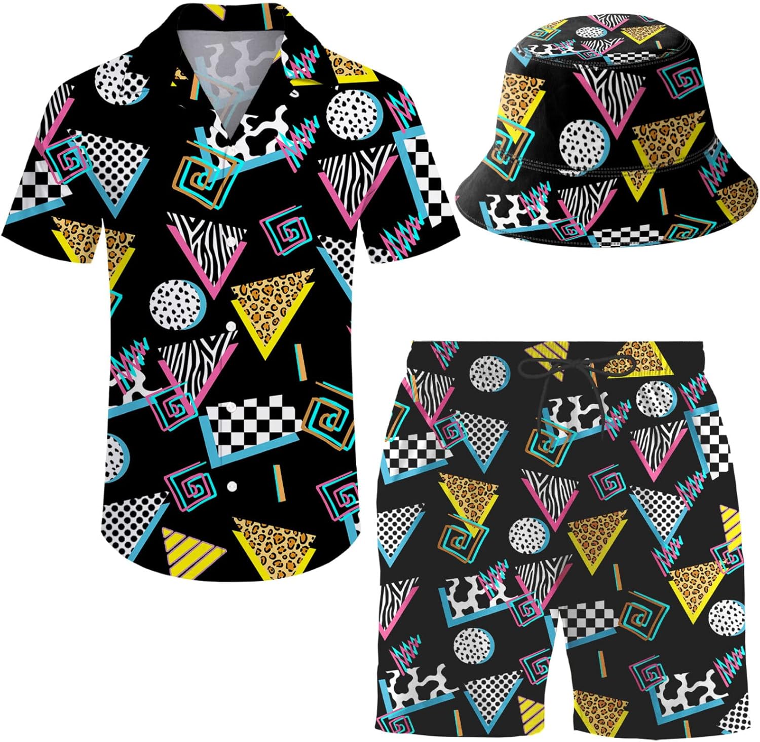 Men's 2 Piece Tracksuit Hawaiian Shirt Shorts Button Down Shirt and Shorts Sets with Bucket Hats