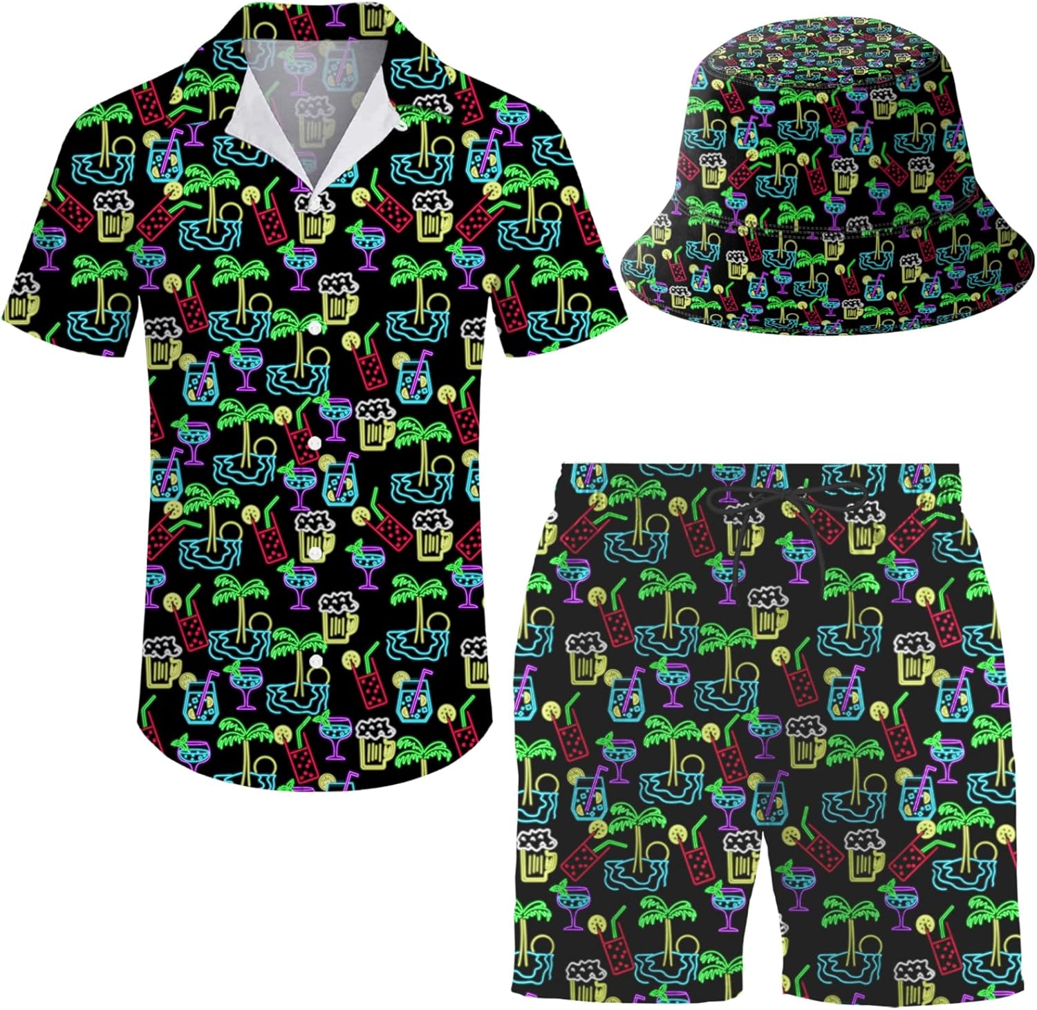 Men's 2 Piece Tracksuit Hawaiian Shirt Shorts Button Down Shirt and Shorts Sets with Bucket Hats