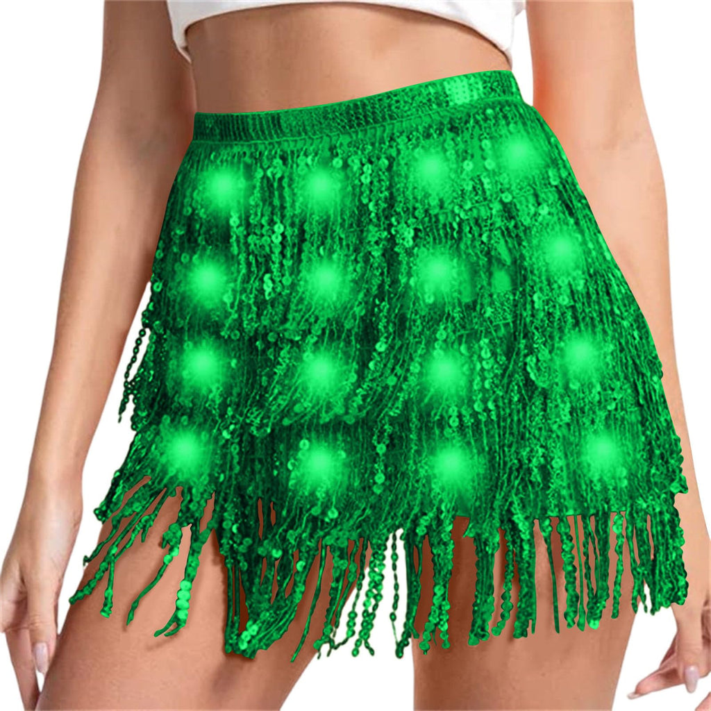 Sequin Skirt Women Led Waist Scarf Belly Dance Waist Chain Tassel Shine Sparkly Mini Skirts Rave Party Outfit