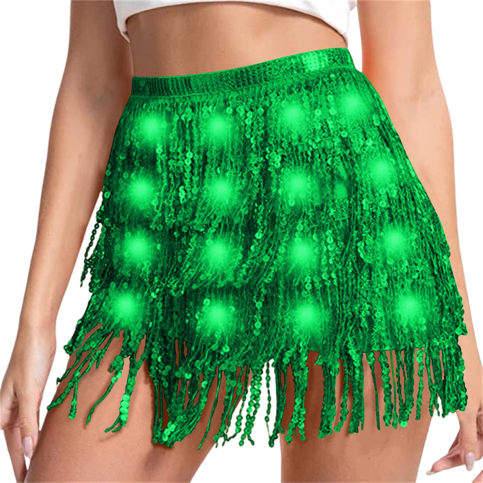 Sequin Skirt Women Led Waist Scarf Belly Dance Waist Chain Tassel Shine Sparkly Mini Skirts Rave Party Outfit