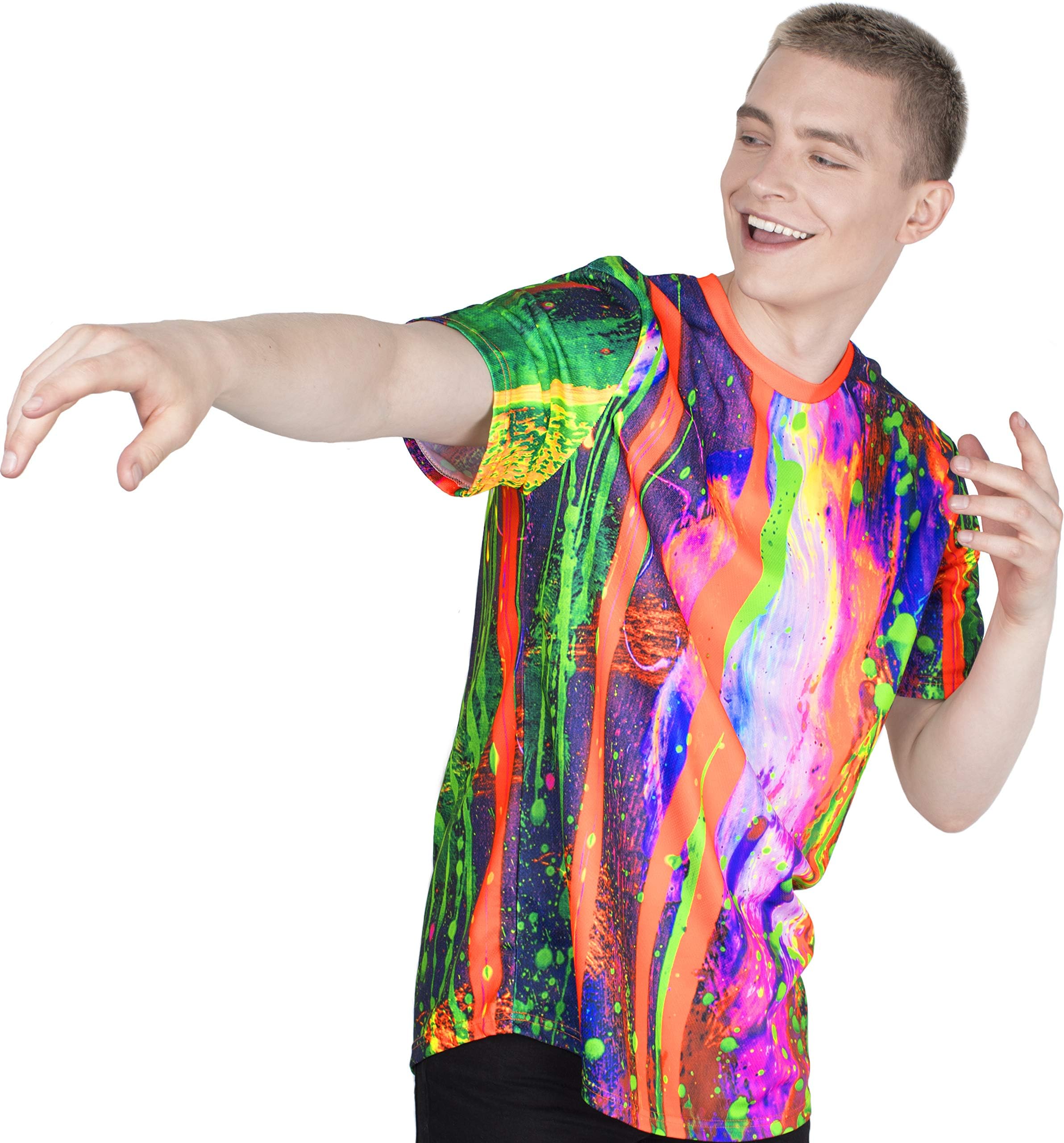 aofmoka Neon Glow Blacklight UV Reactive Party Rave Handmade Art Tee Sport Top Workout Shirt Women Unisex Men Design T-Shirt