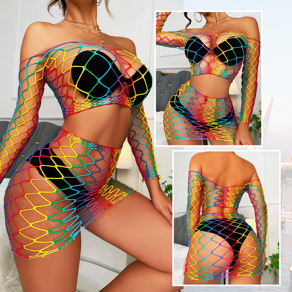 Lingerie Sets for Women Sparkly Rhinestone Sexy Fishnet Babydoll Bodysuit Mesh Chemise Nightwear
