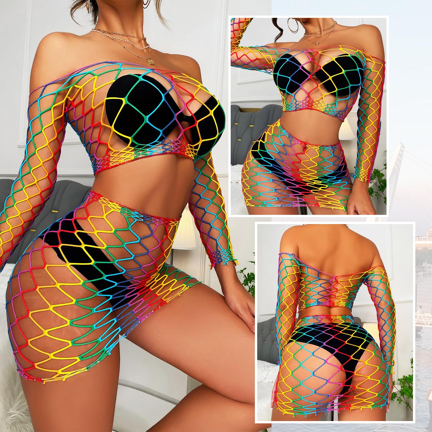 Lingerie Sets for Women Sparkly Rhinestone Sexy Fishnet Babydoll Bodysuit Mesh Chemise Nightwear