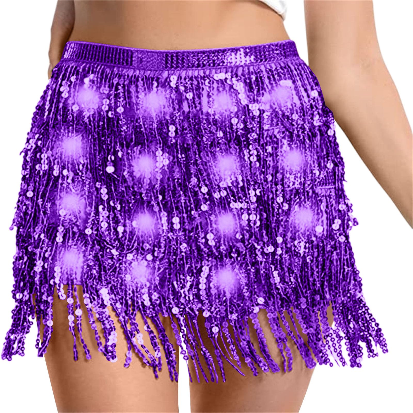 Sequin Skirt Women Led Waist Scarf Belly Dance Waist Chain Tassel Shine Sparkly Mini Skirts Rave Party Outfit