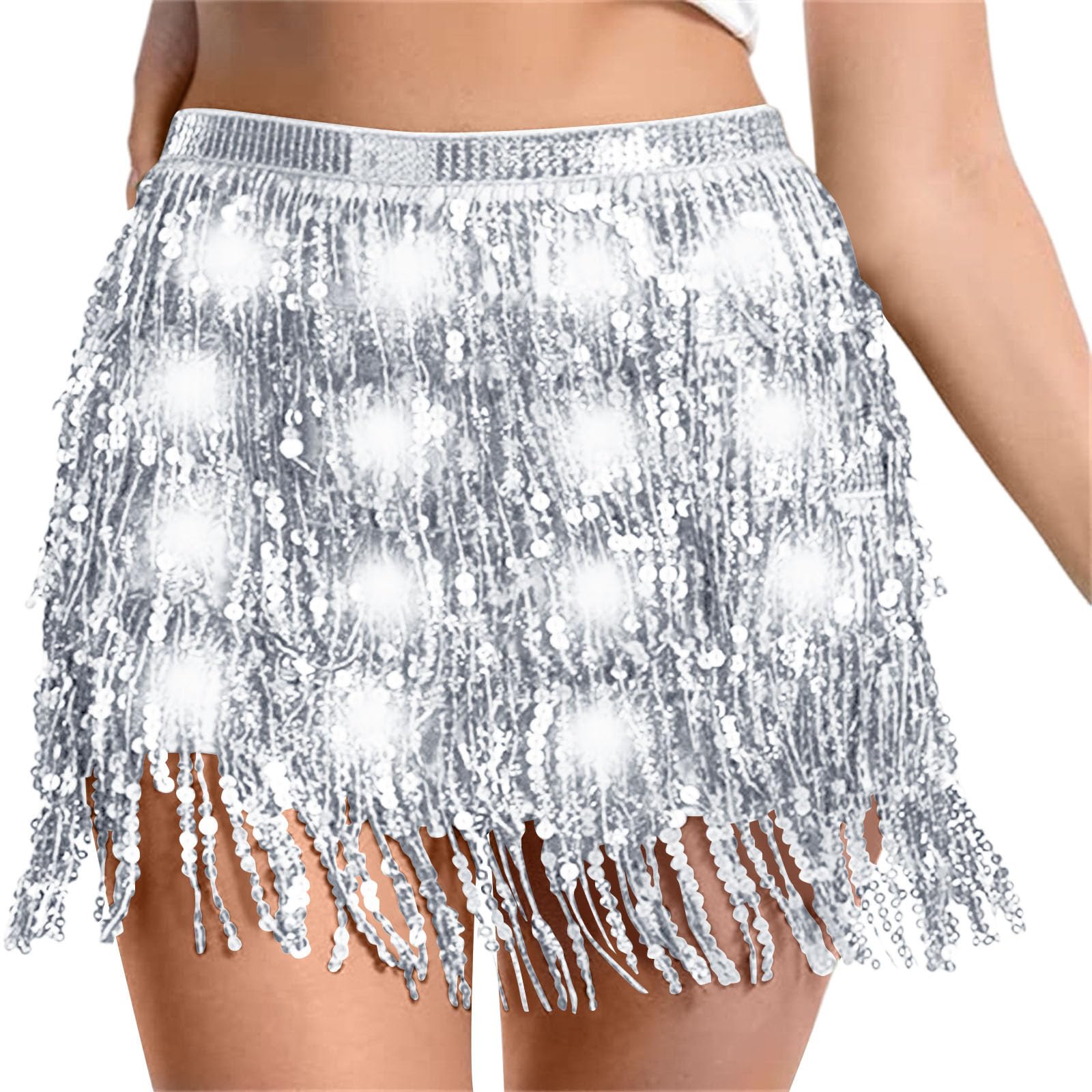 Sequin Skirt Women Led Waist Scarf Belly Dance Waist Chain Tassel Shine Sparkly Mini Skirts Rave Party Outfit