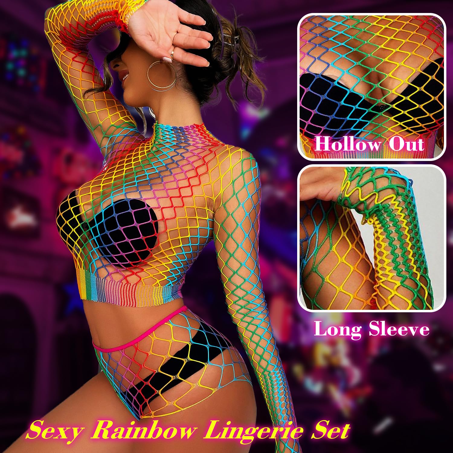 Lingerie Sets for Women Sparkly Rhinestone Sexy Fishnet Babydoll Bodysuit Mesh Chemise Nightwear