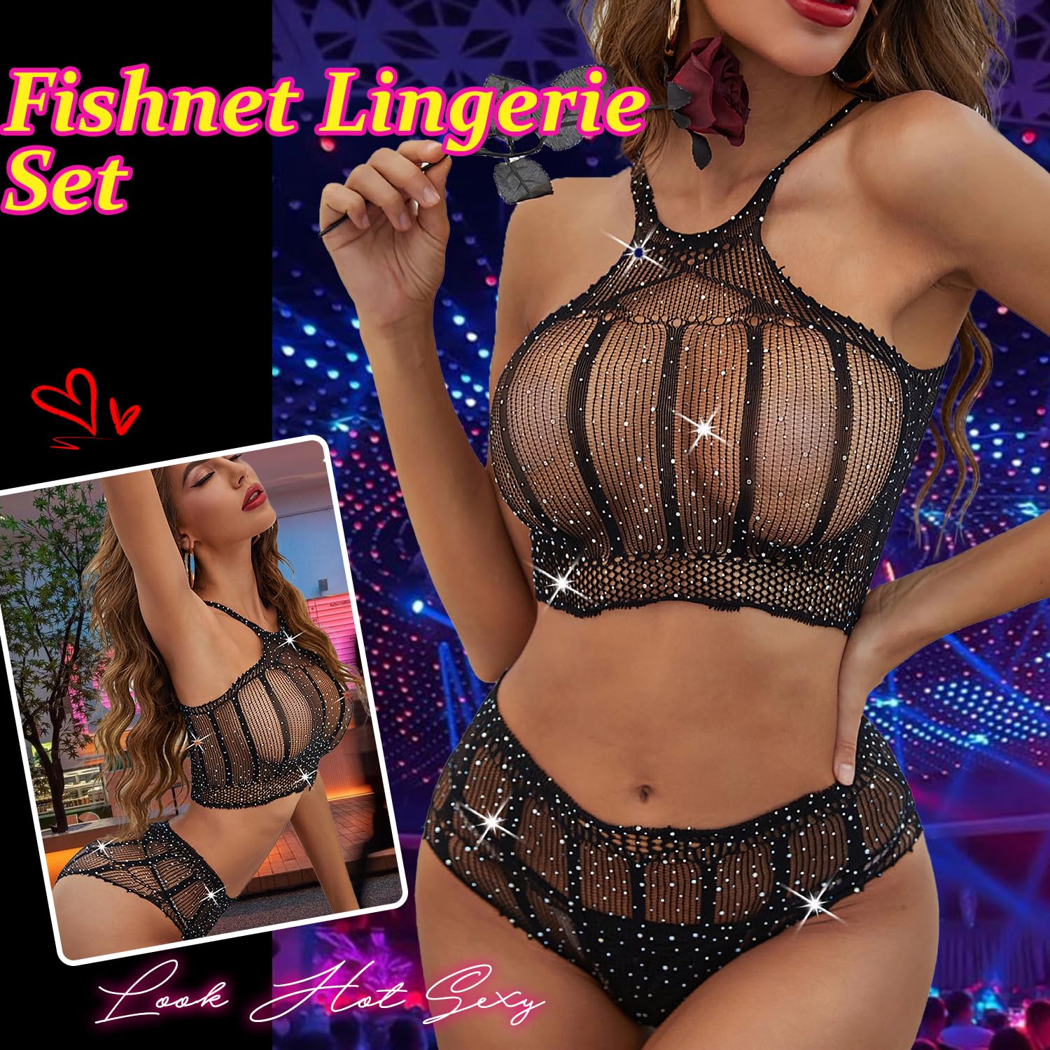 Lingerie Sets for Women Sparkly Rhinestone Sexy Fishnet Babydoll Bodysuit Mesh Chemise Nightwear