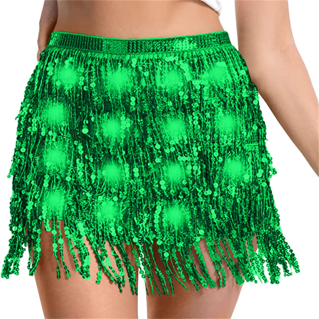 Sequin Skirt Women Led Waist Scarf Belly Dance Waist Chain Tassel Shine Sparkly Mini Skirts Rave Party Outfit